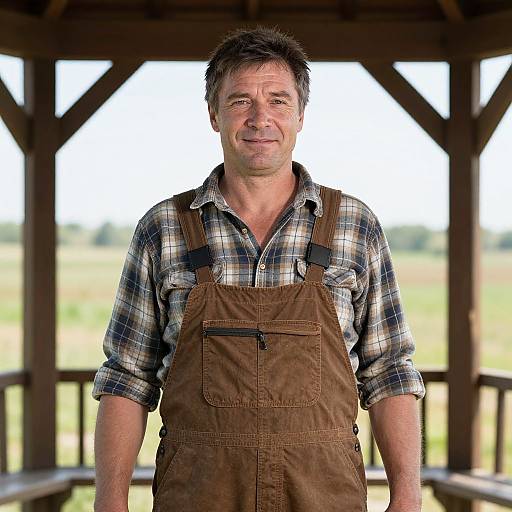 Middle-Aged Man in Plaid Shirt and Brown Overalls Outdoors