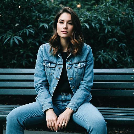 Woman Sitting on Bench in Light Blue Denim Jeans and Jacket