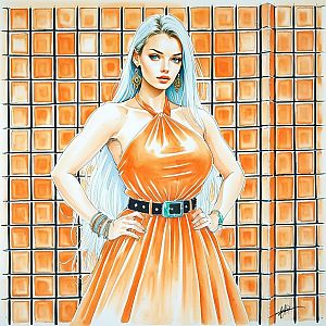 Confident Woman in Orange Halter Dress with Silver Hair