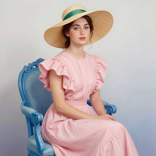 Portrait of Woman in Pink Dress with Straw Hat on Blue Vintage Chair