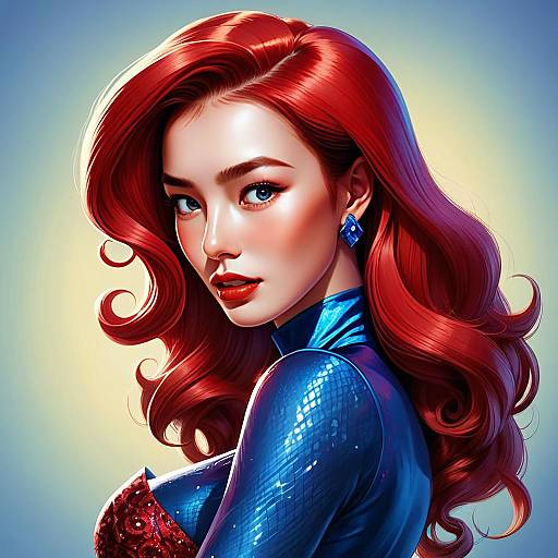 Digital Portrait of Woman with Red Hair and Blue Outfit