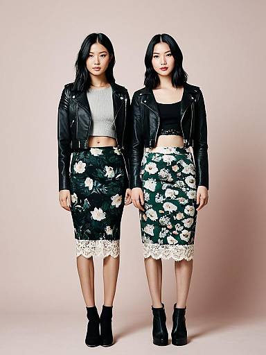 Fashionable Women in Leather Jackets and Floral Lace Pencil Skirts