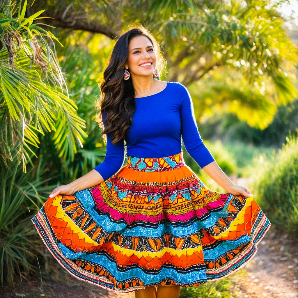 Joyful Woman in Colorful Cultural Fashion