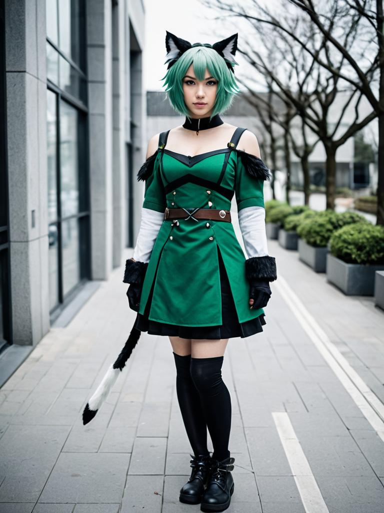 Arknights Cosplay Woman in Green Outfit with Fox Ears and Tail