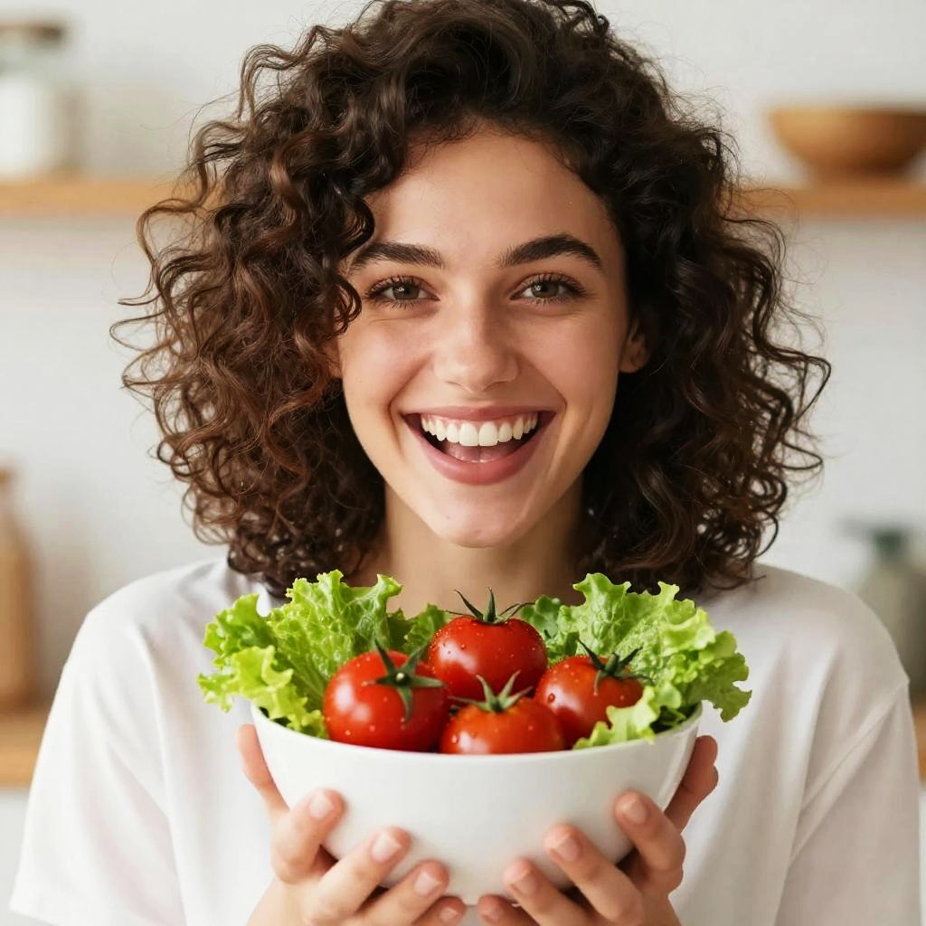 Happy Young Woman Holding Bowl of Fresh Tomatoes and Lettuce