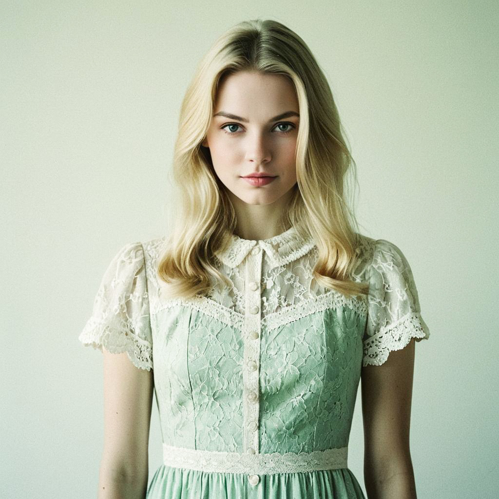 Young Woman in Mint Green Lace Dress Young Woman in Mint Green Lace Dress