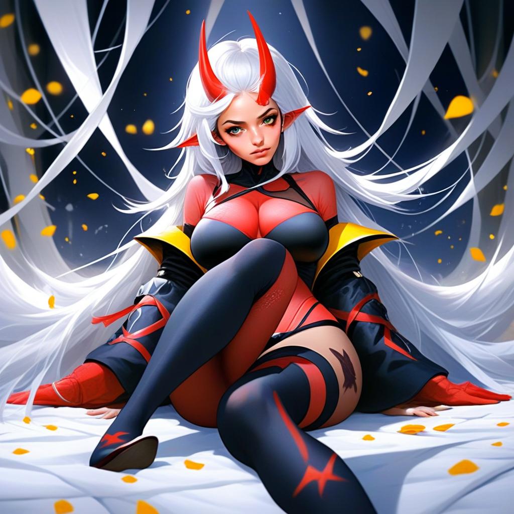 Anime Style Demon Woman with White Hair and Red Horns Sitting Confidently