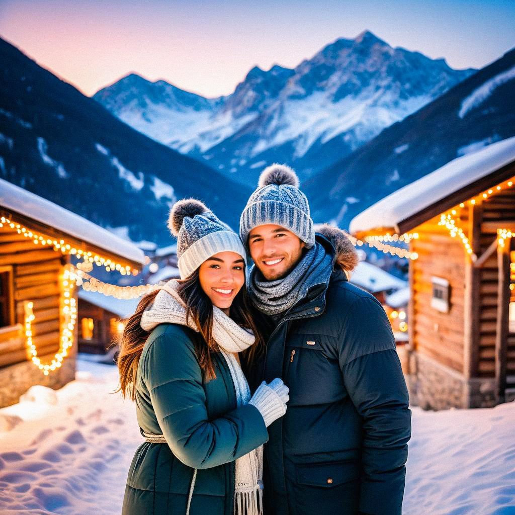 Cheerful Couple in Snowy Village