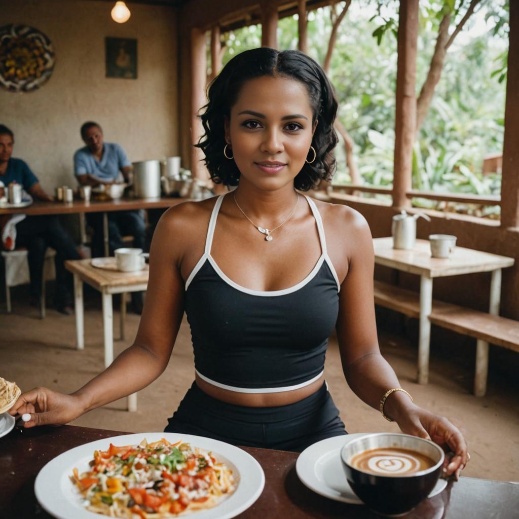 Woman Enjoying a Meal and Coffee