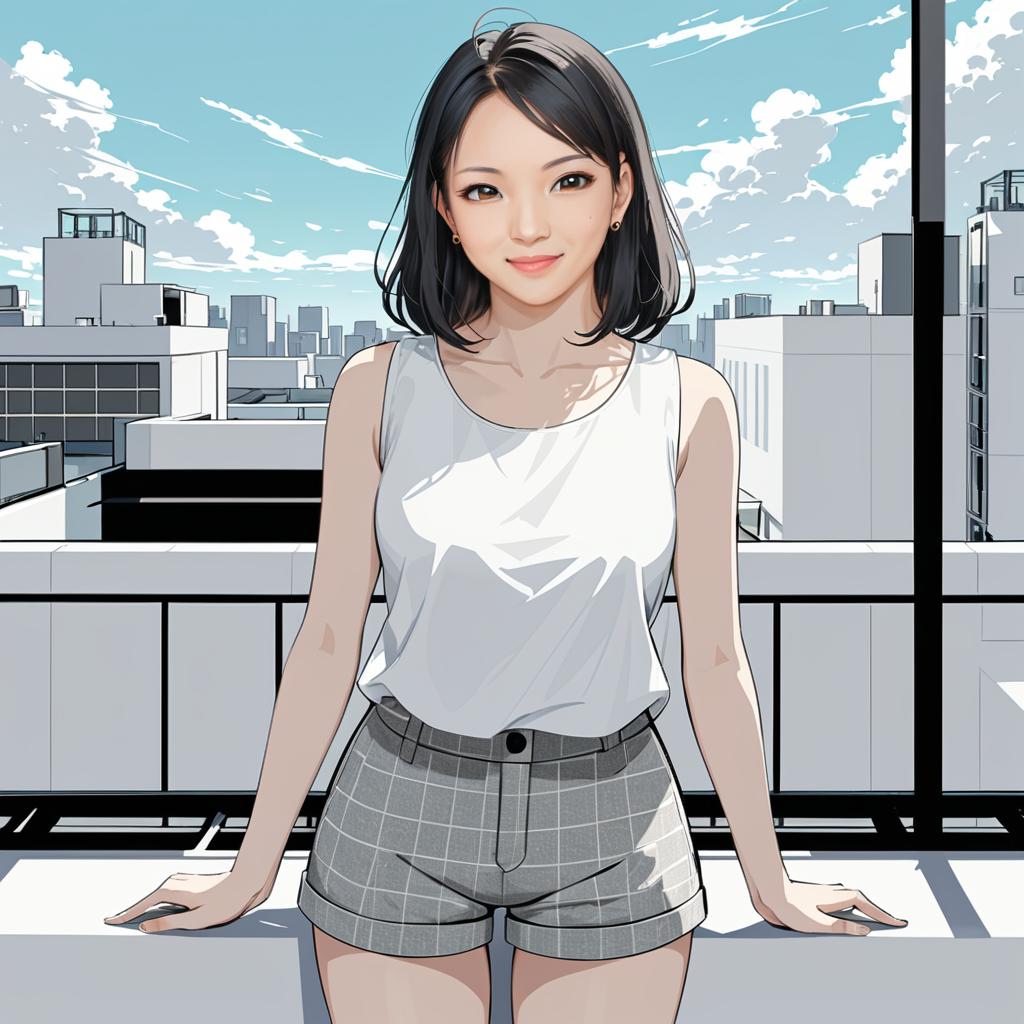 Anime Woman on Balcony with Cityscape