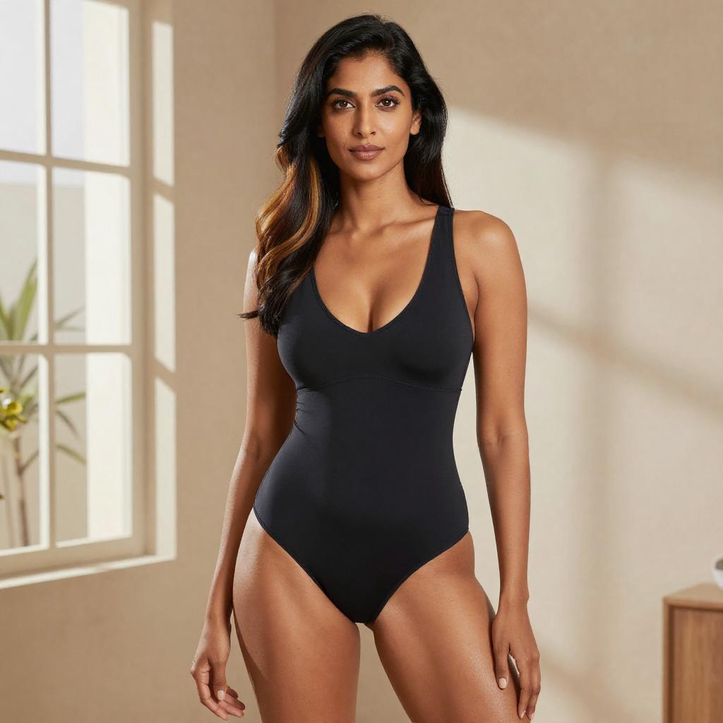 Confident Woman in Black Bodysuit Posing in Modern Interior