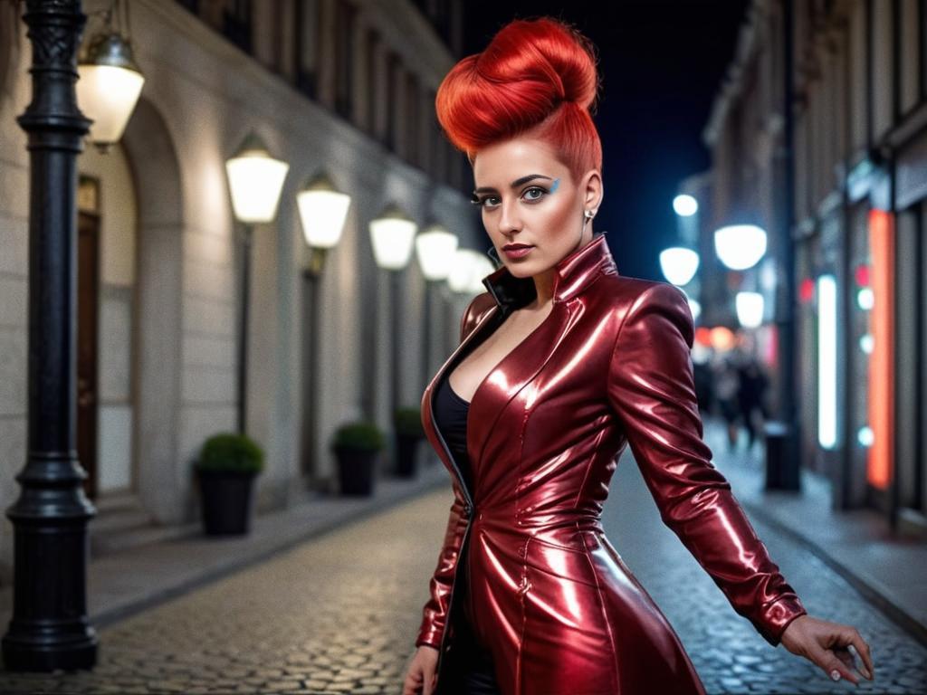 Woman in Red Leather Coat on Dimly Lit Street