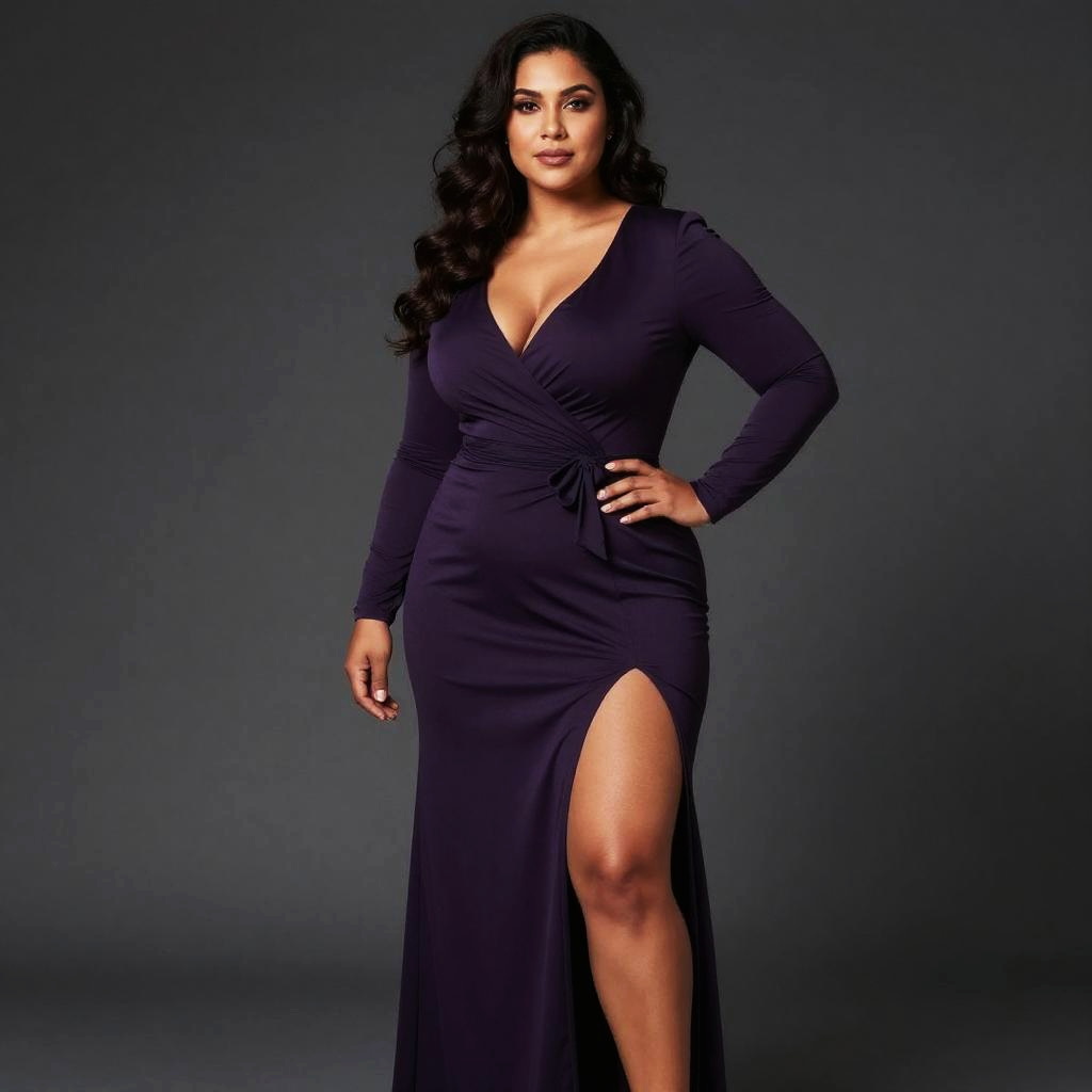 Confident Woman in Elegant Purple Evening Gown with High Slit