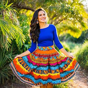 Joyful Woman in Colorful Cultural Fashion