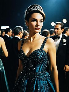 Elegant Woman in Blue Gala Dress with Tiara at Formal Event