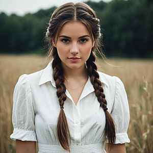 Portrait of Young Woman with Braided Hair in White Blouse in Field