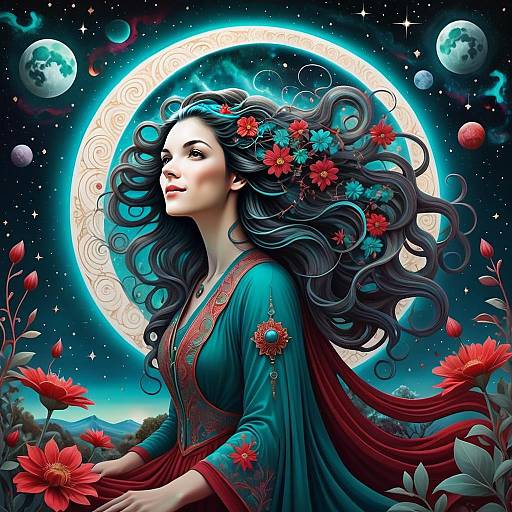 Fantasy Portrait of Woman with Flower-Adorned Hair and Celestial Background