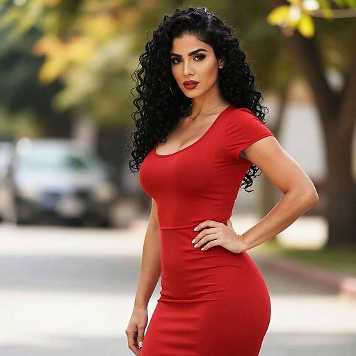 Confident Woman in Red Dress Outdoors with Curly Hair