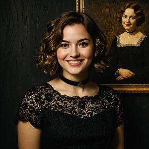 Portrait of Smiling Woman in Black Lace Dress with Vintage Painting Behind
