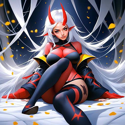 Anime Style Demon Woman with White Hair and Red Horns Sitting Confidently