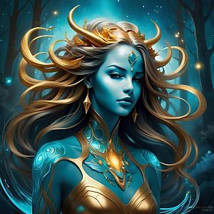 Mystical Woman with Blue Skin in Enchanted Forest