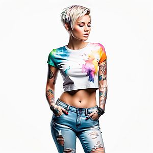 Stylish woman in colorful crop top with tattoos