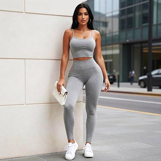 Woman Wearing Grey Crop Top and Leggings Street Style Fashion