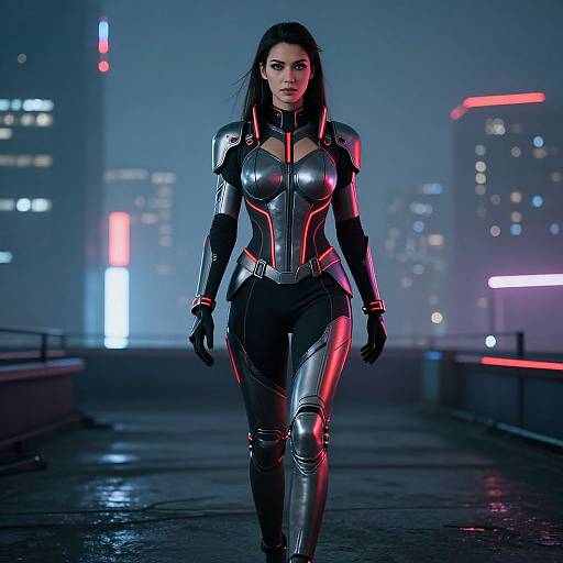 Futuristic Cyberpunk Woman in Armor Walking on Rooftop at Night