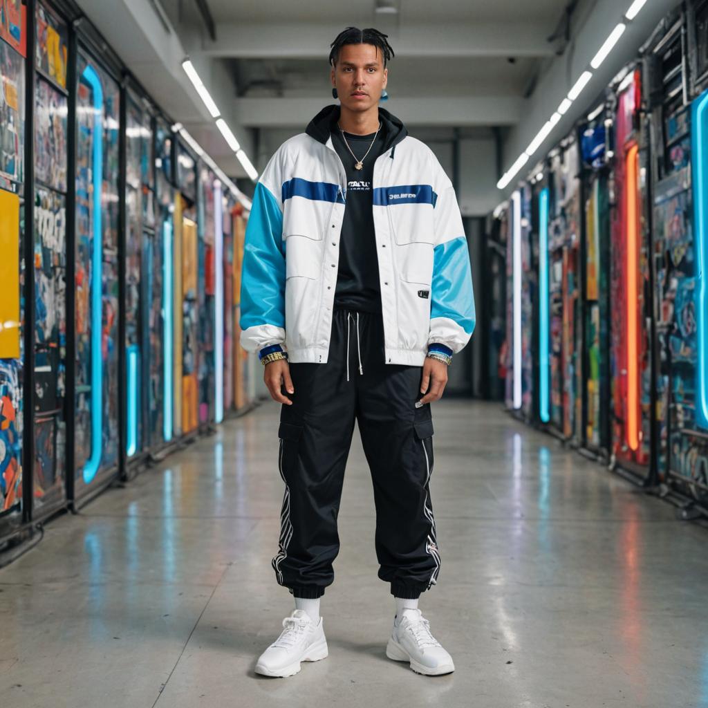 Stylish Man in Graffiti Hallway with Streetwear Look