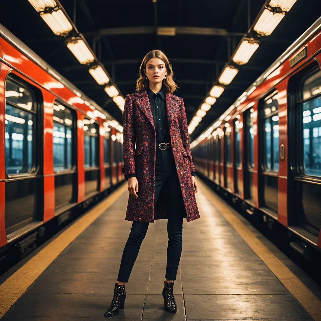 Confident Woman in Stylish Coat on Subway Platform Confident Woman in Stylish Coat on Subway Platform
