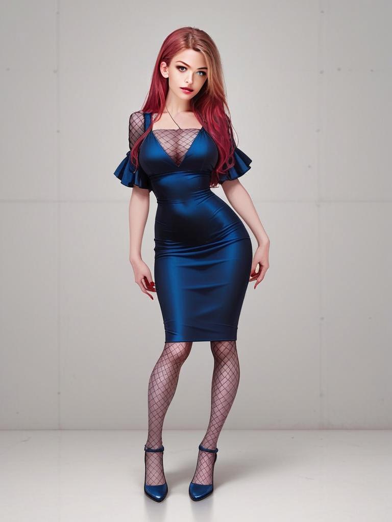 Modern Chic Woman in Navy Bodycon Dress with Fishnet Details Full Body Shot