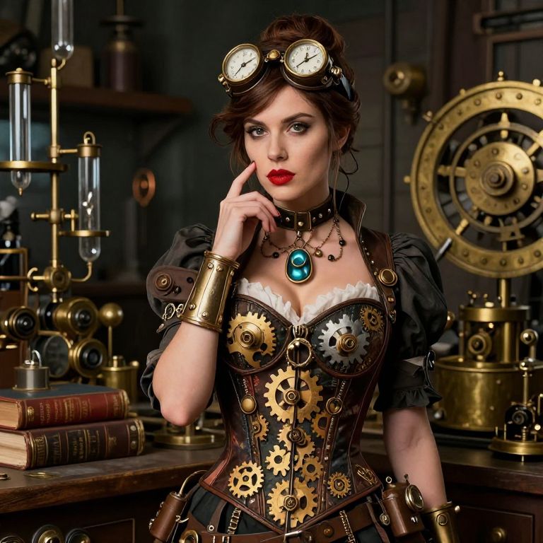 Steampunk Woman Wearing Gear-Embellished Corset and Vintage Goggles in Mechanical Workshop