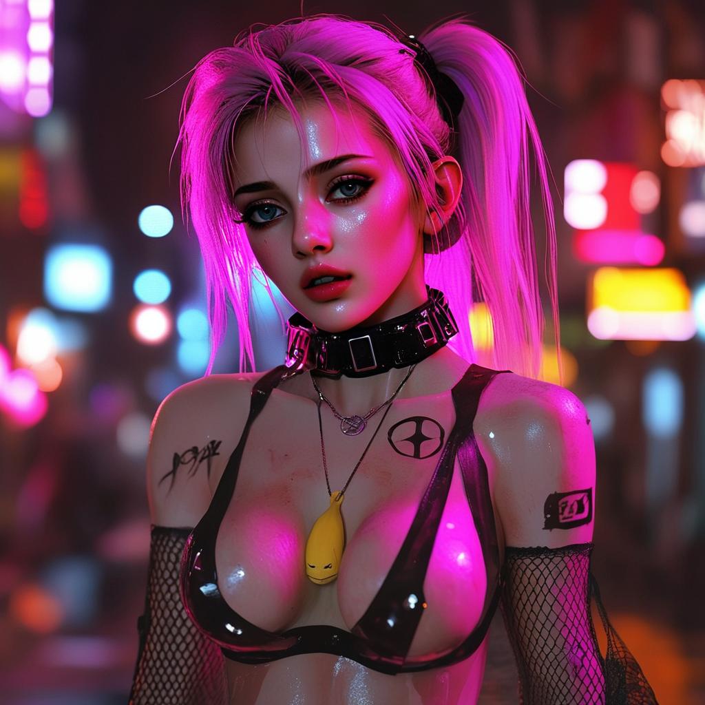 Cyberpunk Woman with Pink Hair in Neon City Night