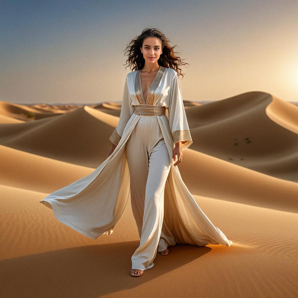 Woman in White Outfit Walking on Desert Sands