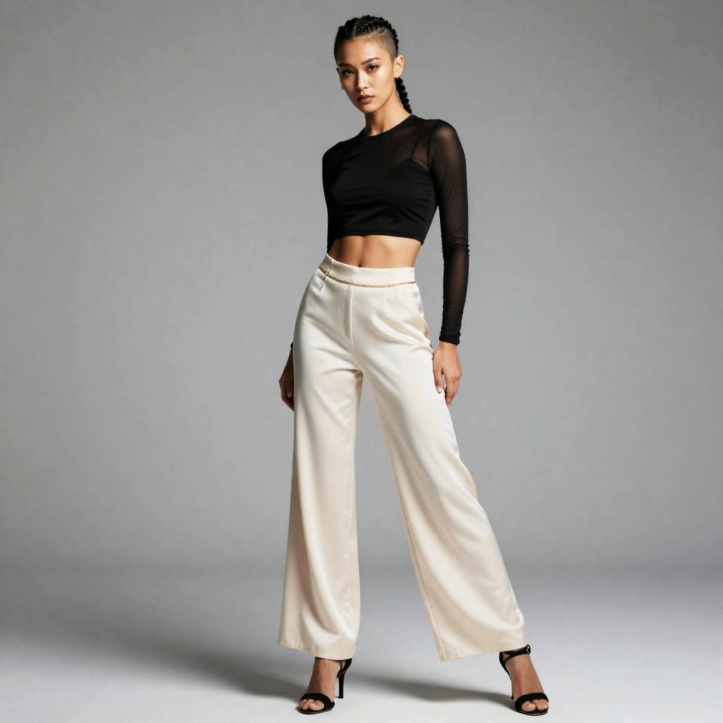 Gen Z Woman in Sheer Black Crop Top and Wide-Leg Cream Trousers Fashion