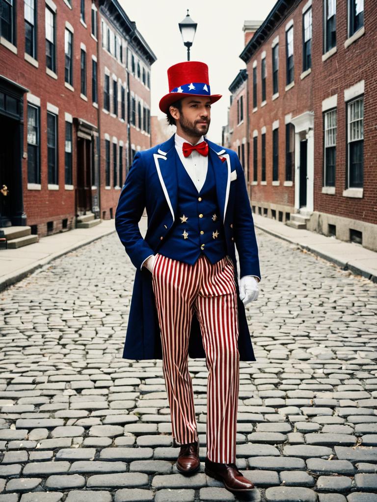 Patriotic Man in Vintage Costume on Cobblestone Street