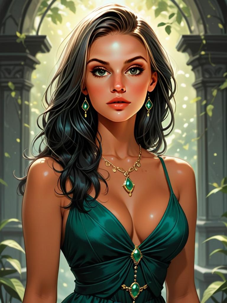 Elegant Woman in Green Dress with Emerald Jewelry Digital Comic Style Illustration