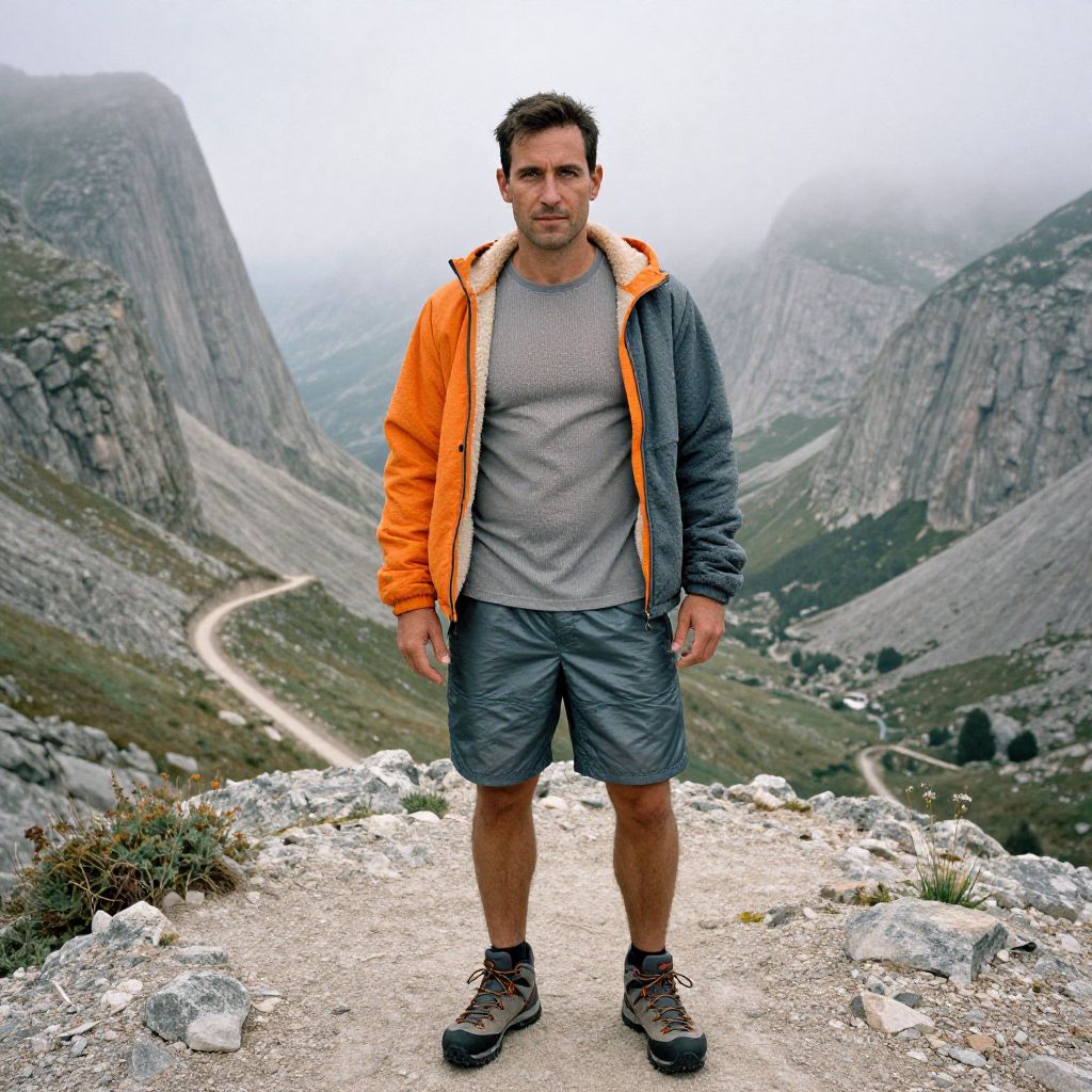 Man Hiking on Misty Mountain Trail in Orange and Gray Fleece Jacket