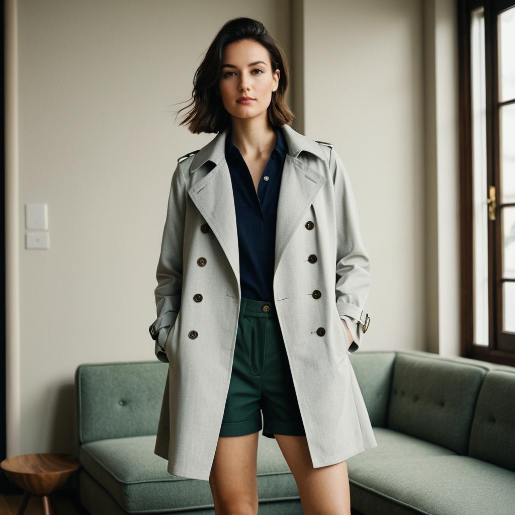 Confident Woman Wearing Light Gray Trench Coat Indoor Fashion