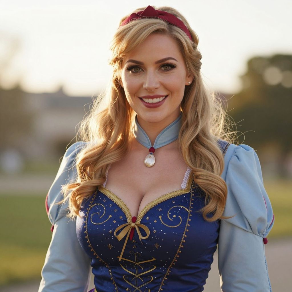 Beautiful Woman in Snow White Inspired Costume with Blue Embroidered Dress