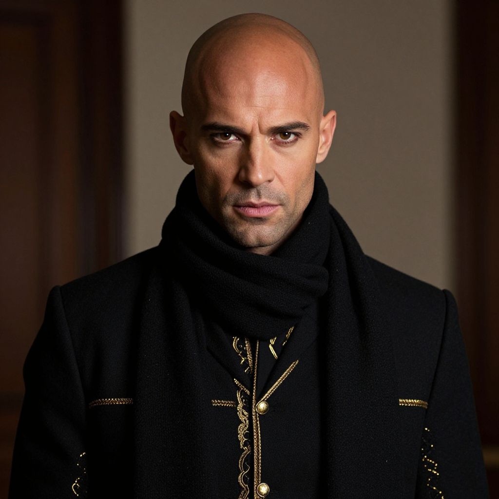 Portrait of Bald Man in Black Coat with Gold Embroidery and Scarf