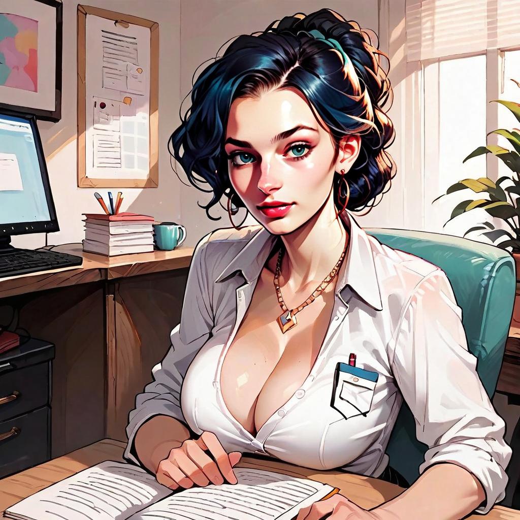 Digital Illustration of Woman Reading in Office Setting