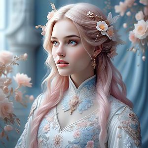 Serene woman with pastel pink hair and floral dress