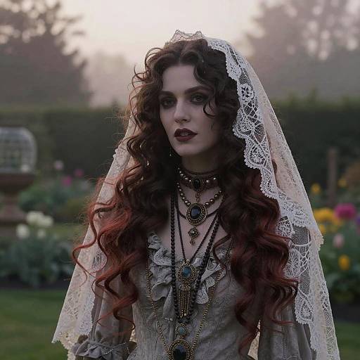 Gothic Victorian Woman with Lace Veil and Antique Jewelry in Garden