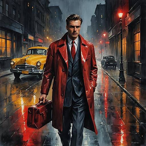 Man in Red Trench Coat Walking on Rainy City Street with Vintage Cars