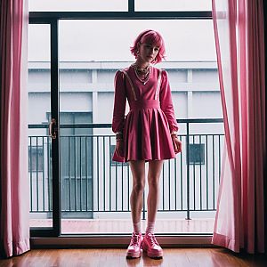 Young Woman in Pink Vintage Dress by Window