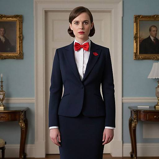 Woman in Navy Blue Suit with Red Bow Tie in Classic Vintage Setting