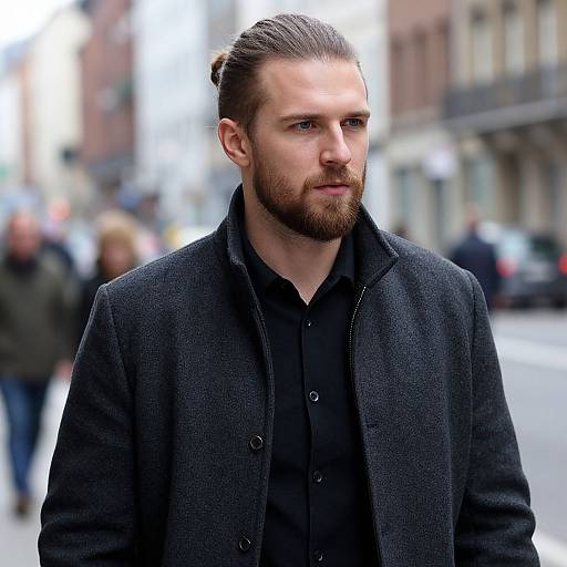 Stylish Bearded Man in Dark Coat Walking in Urban Street