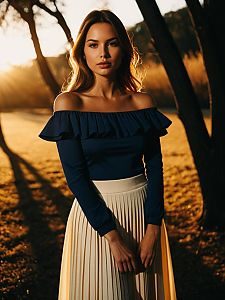 Elegant Woman in Off-Shoulder Navy Top and Pleated Cream Skirt Outdoors at Golden Hour