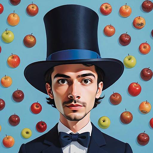 Surreal Portrait of Man with Top Hat and Floating Apples on Blue Background